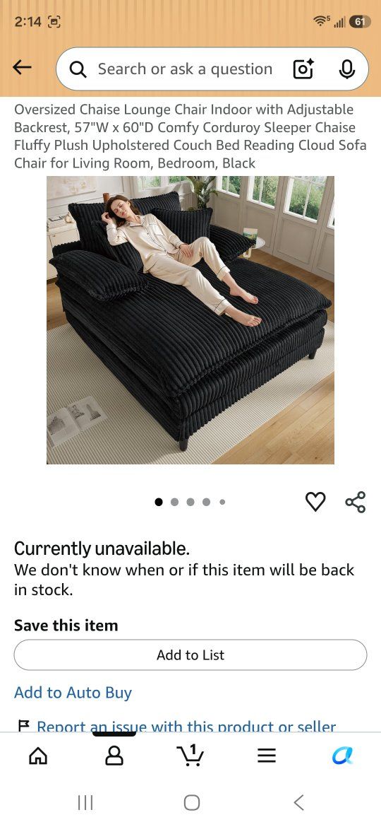 Oversized 57"W x 60"D Black Corduroy Chaise Lounge Chair with Adjustable Backrest - Sleeper Sofa Bed