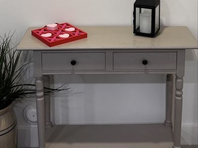 Gray Console Table with Two Drawers and Bottom Shelf