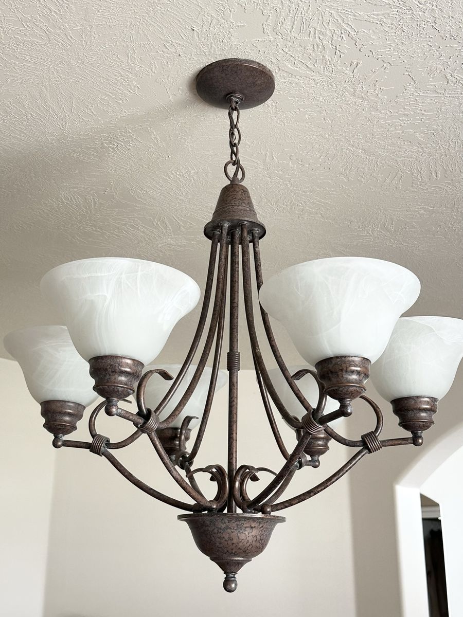 Rustic Bronze 5-Light Chandelier with Alabaster Glass Shades - Used, Excellent Condition