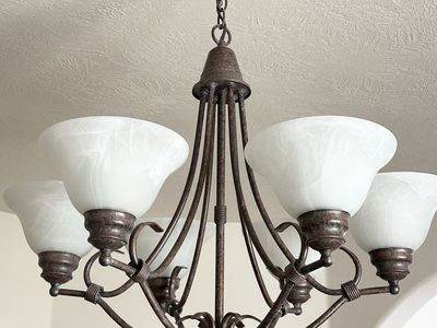 Rustic Bronze 5-Light Chandelier with Alabaster Glass Shades - Used, Excellent Condition