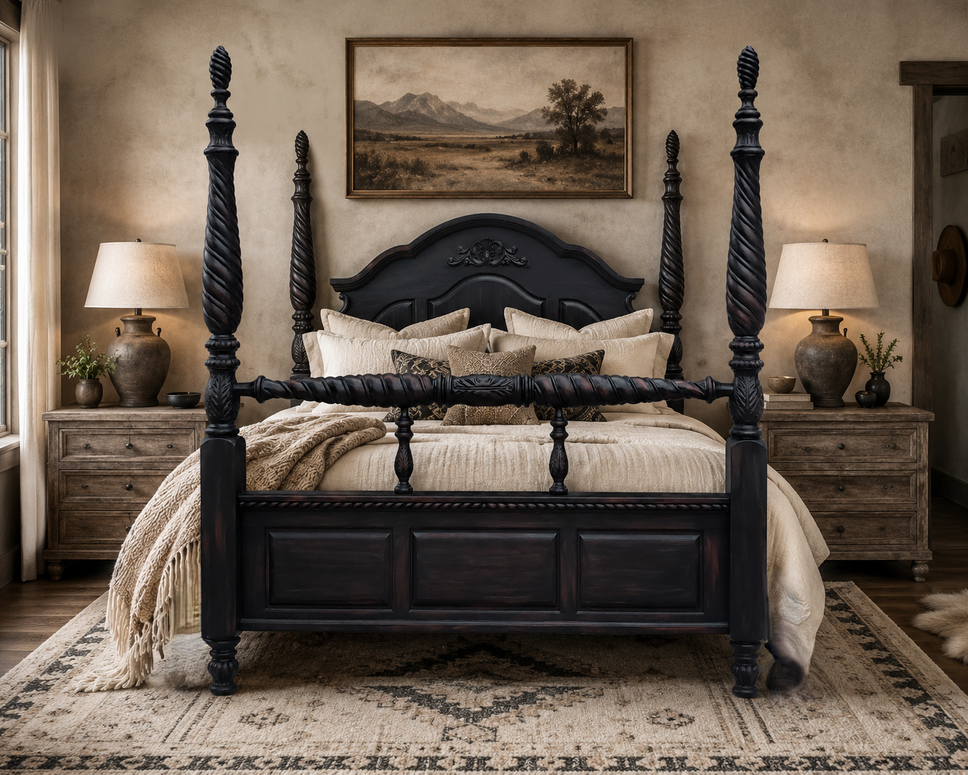 Isabella 4 Poster Carved King Bed Frame Cottagecore French Country Farmhouse Gothic Western Cabin