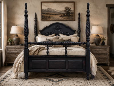 Isabella 4 Poster Carved King Bed Frame Cottagecore French Country Farmhouse Gothic Western Cabin