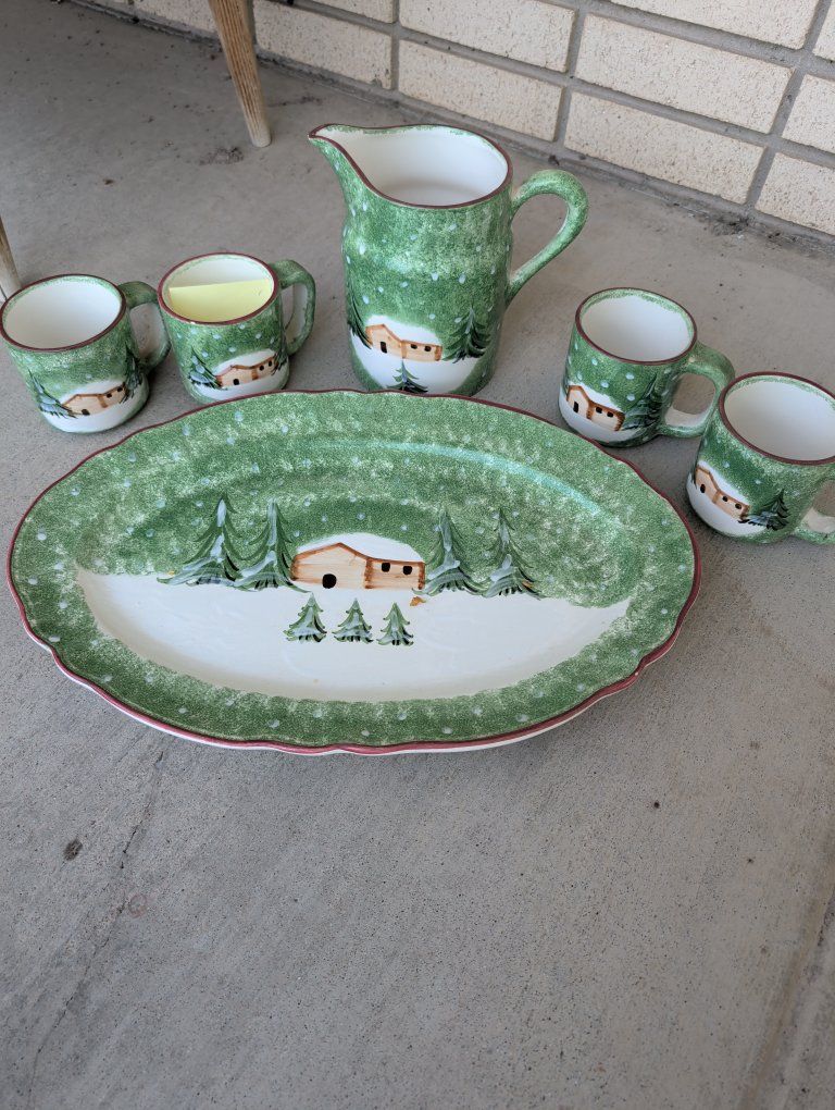 Charming Winter Scene Pitcher, Platter & Mugs Set - 6 Pieces - Holiday Decor - Winter Cabin