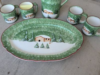 Charming Winter Scene Pitcher, Platter & Mugs Set - 6 Pieces - Holiday Decor - Winter Cabin