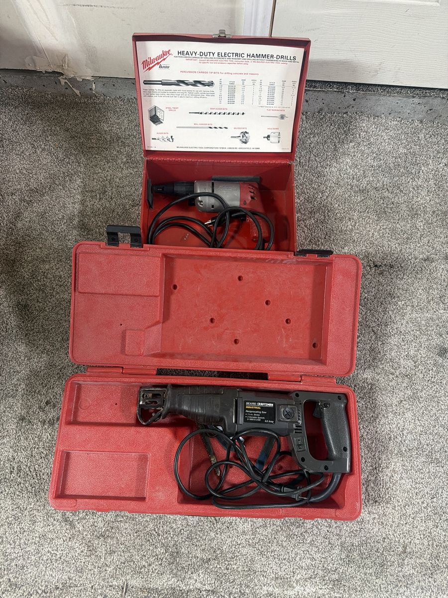 Vintage Milwaukee Hammer Drill in Metal Case & Sears Craftsman Reciprocating Saw Set