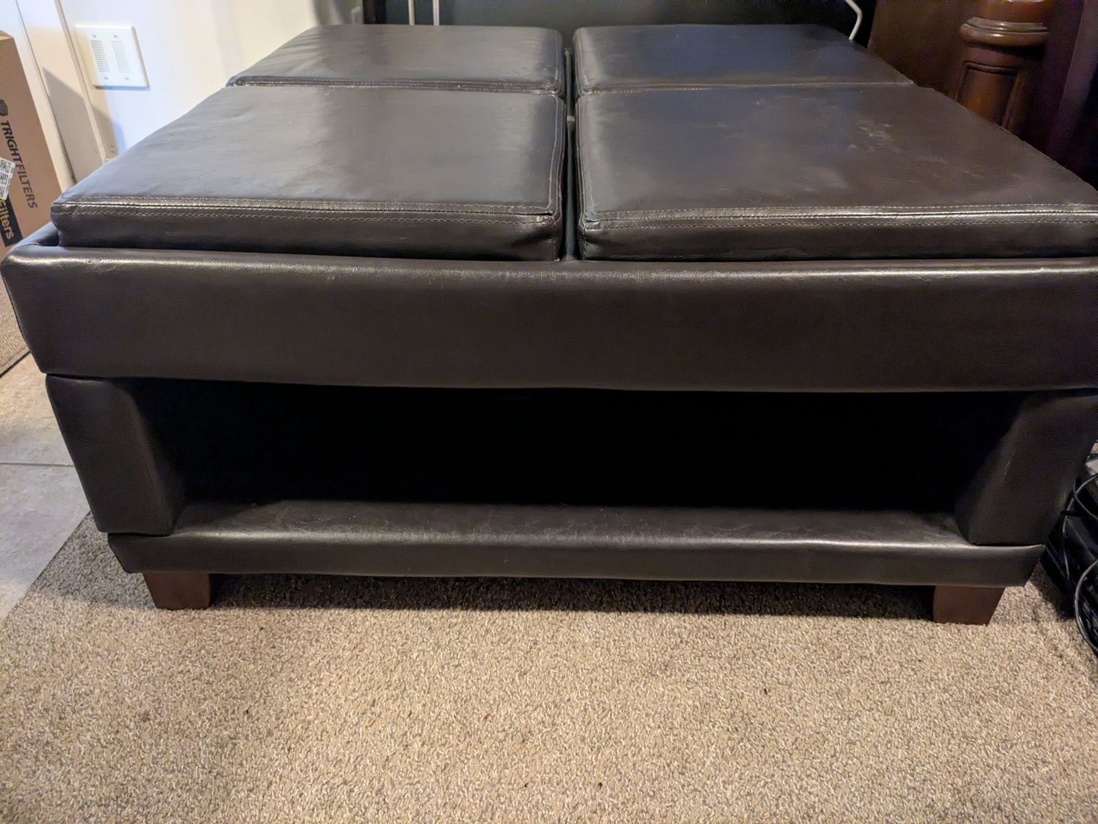Dark Brown Faux Leather Storage Ottoman Coffee Table with 4 Flip-Top Trays