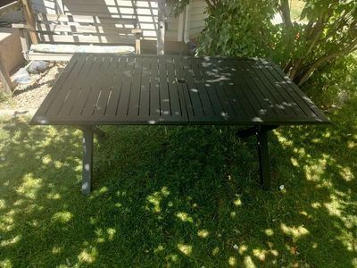 Black Outdoor Patio Dining Table with Umbrella Hole - Extendable Slatted Top