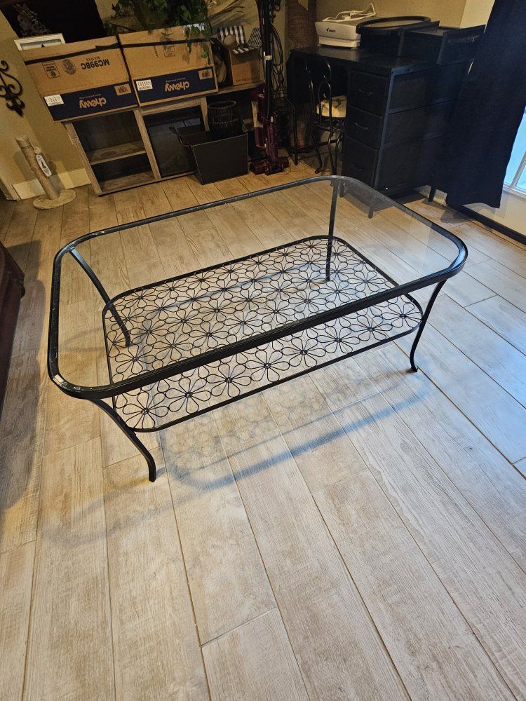 Vintage Style Black Metal & Glass Coffee Table with Decorative Floral Shelf
