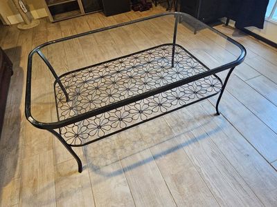 Vintage Style Black Metal & Glass Coffee Table with Decorative Floral Shelf