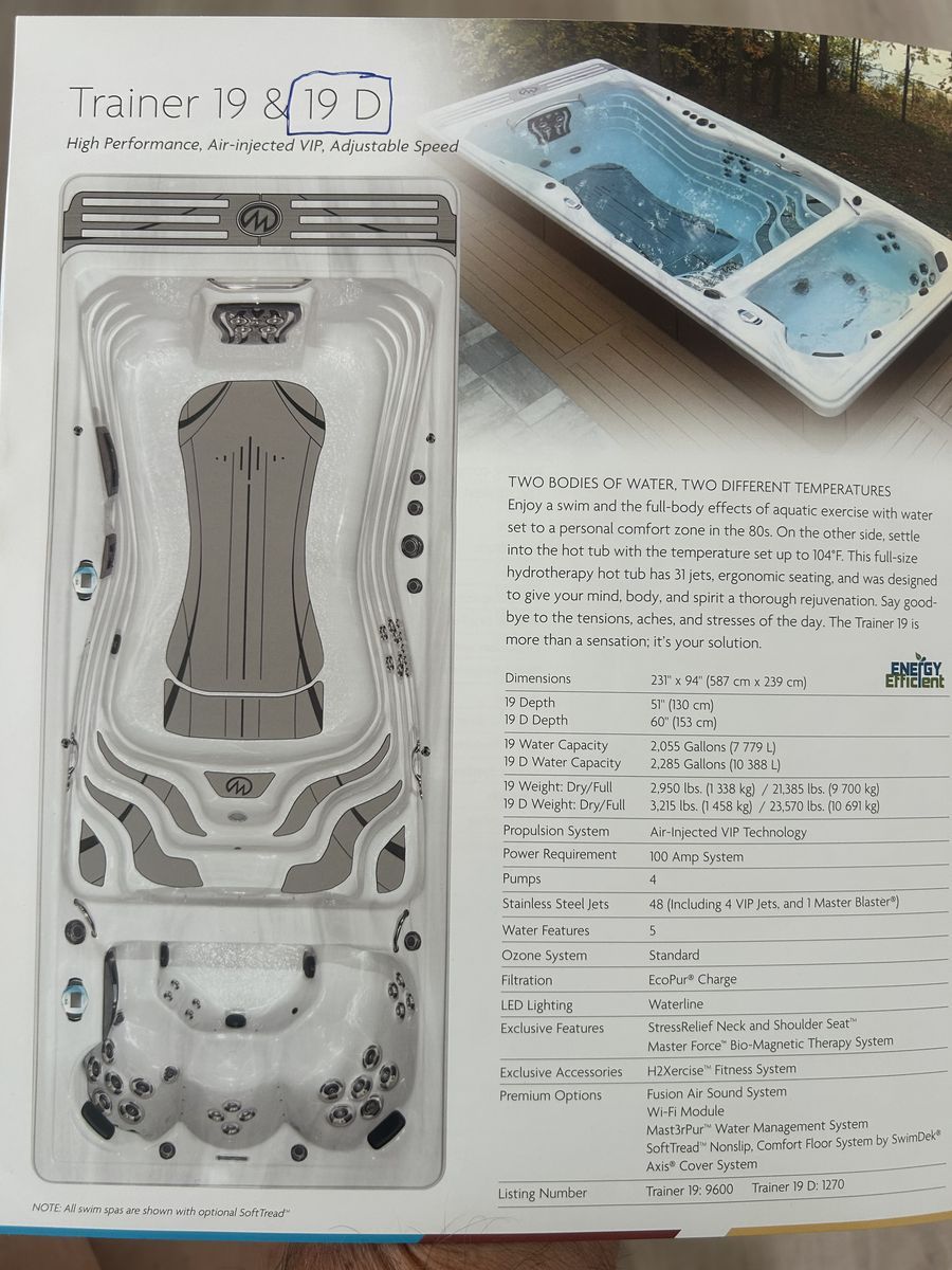 Master Swim Spa Trainer 19D.  Swim Spa with Hot tub