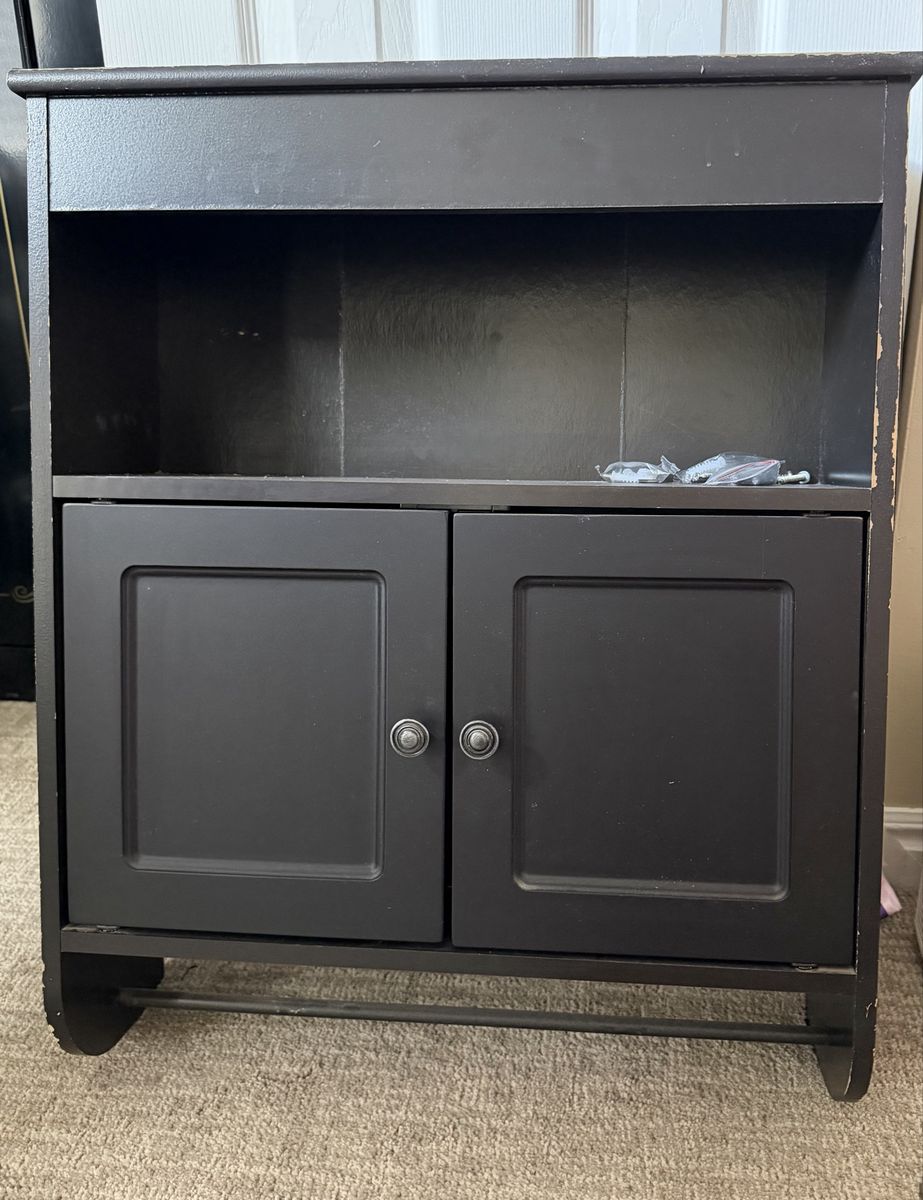 Black Wooden Wall Cabinet with Double Doors and Towel Bar for Bathroom