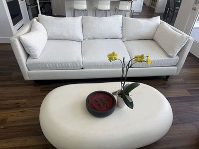 Sofa gently used, off white twill fabric 3 cushion