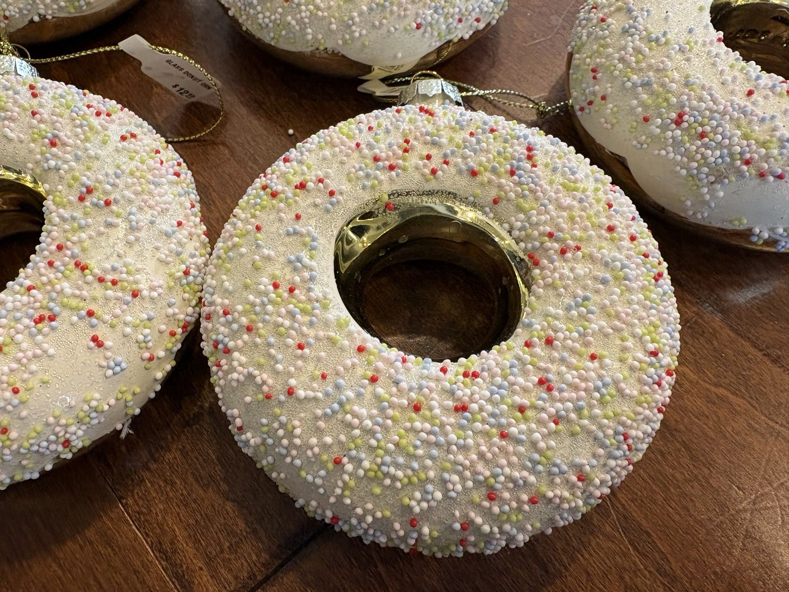 8 New Glass Doughnut Ornaments White & Gold