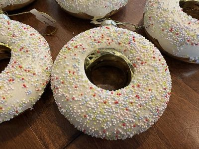 8 New Glass Doughnut Ornaments White & Gold