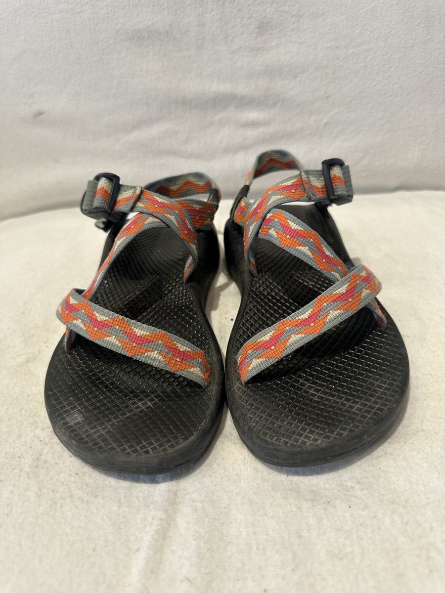 Chaco women’s size 7 orange/pink/grey/yellow, geometrical design, hiking sandals