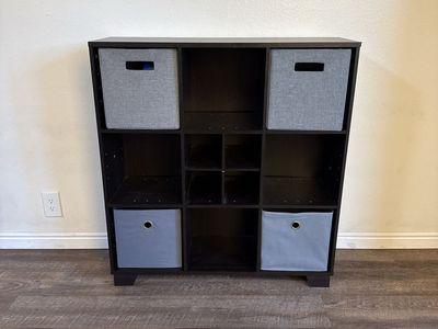 3’ x 3’ Espresso Cube Storage Organizer / Bookcase with 4 Fabric Bins