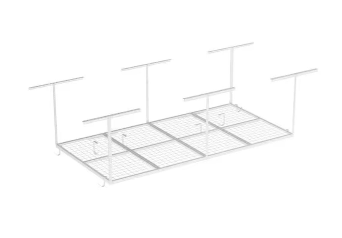FLEXIMOUNTS 48 in. W x 96 in. D x 22-40 in. H Ceiling Mounted Overhead Garage Storage Rack with Accessory Hooks in White