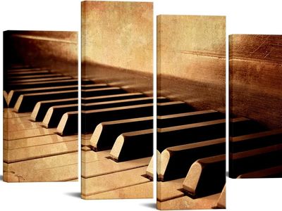 NEW 4 Panels Piano Wall Art Canvas Sepia Brown Music Room Decor Piano Keys