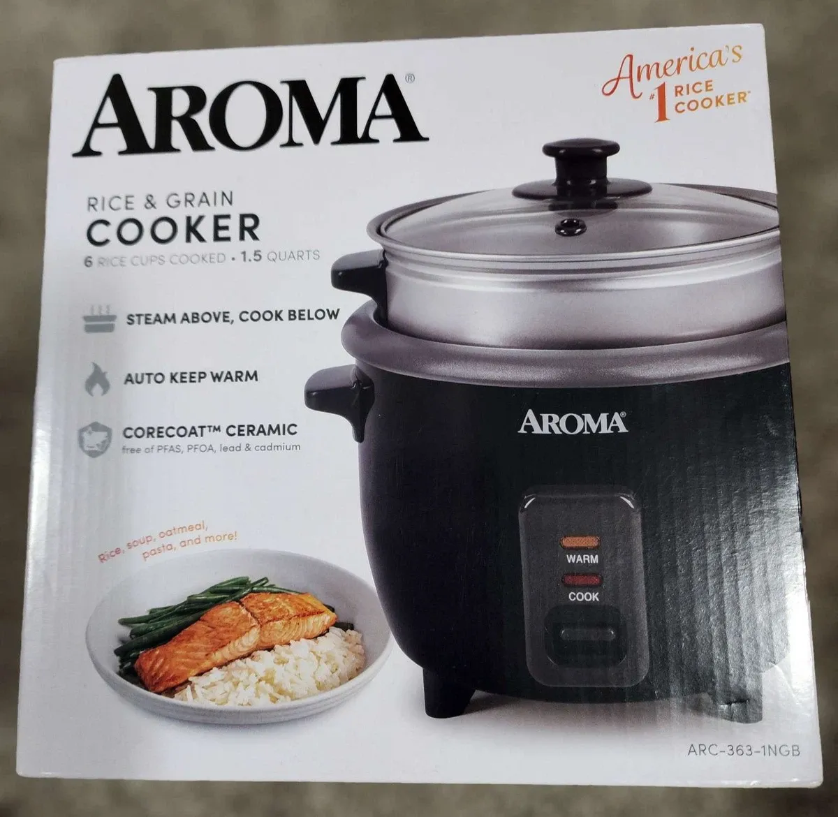 Aroma Rice Cooker 6 Cups 1.5 Quarts CoreCoat Ceramic Steam Tray Auto Warm Black