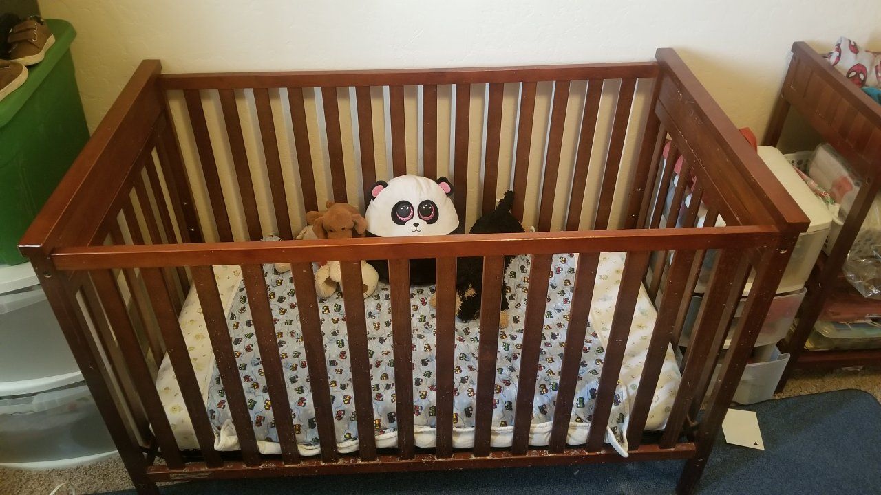 Crib, mattress, and matching changing table set