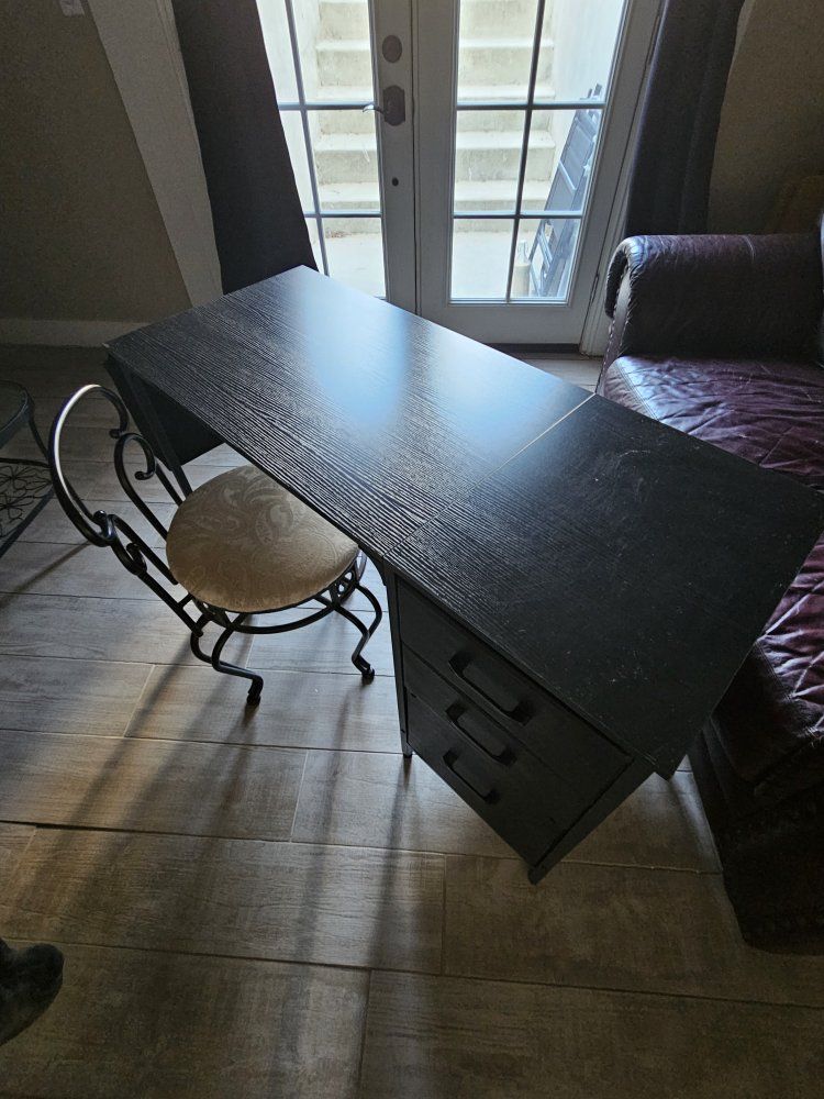 Black Computer Desk with Rolling File Cabinet and Round Metal Vanity Chair with Cushion