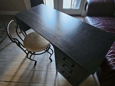 Black Computer Desk with Rolling File Cabinet and Round Metal Vanity Chair with Cushion
