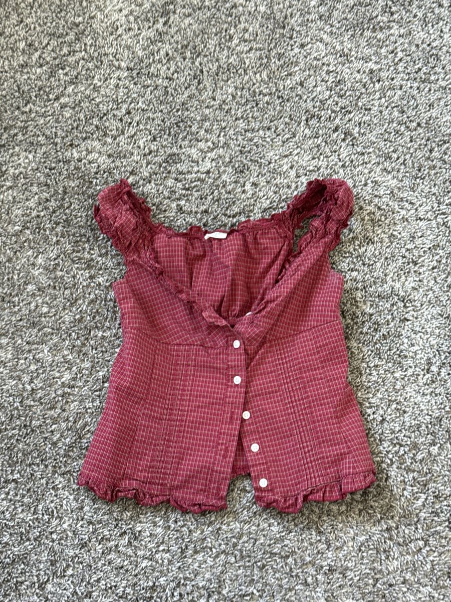 SMALL Brandy Melville Red Gingham Plaid Ruffle Button-Front Tank Top Blouse - Lightweight, Cottagecore Style