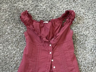 SMALL Brandy Melville Red Gingham Plaid Ruffle Button-Front Tank Top Blouse - Lightweight, Cottagecore Style