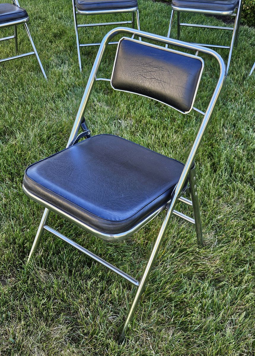 MCM Samsonite Chrome & Black Folding Chairs, complete set of 8