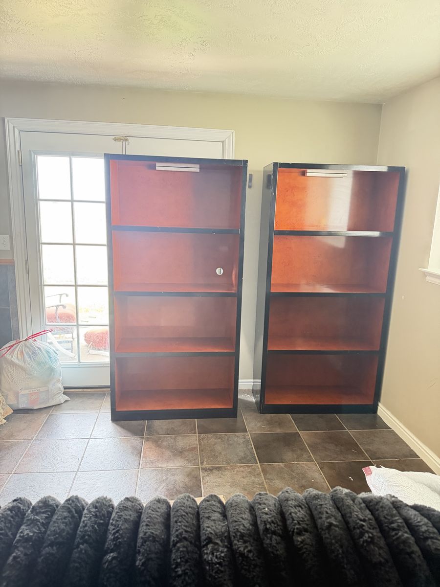 Pair of Black Frame Wooden Bookcases with Orange Backing 