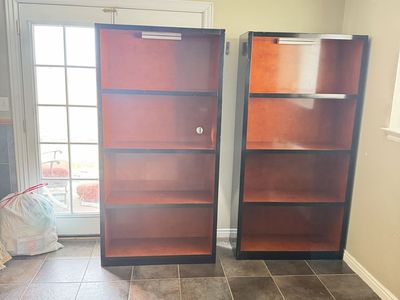 Pair of Black Frame Wooden Bookcases with Orange Backing