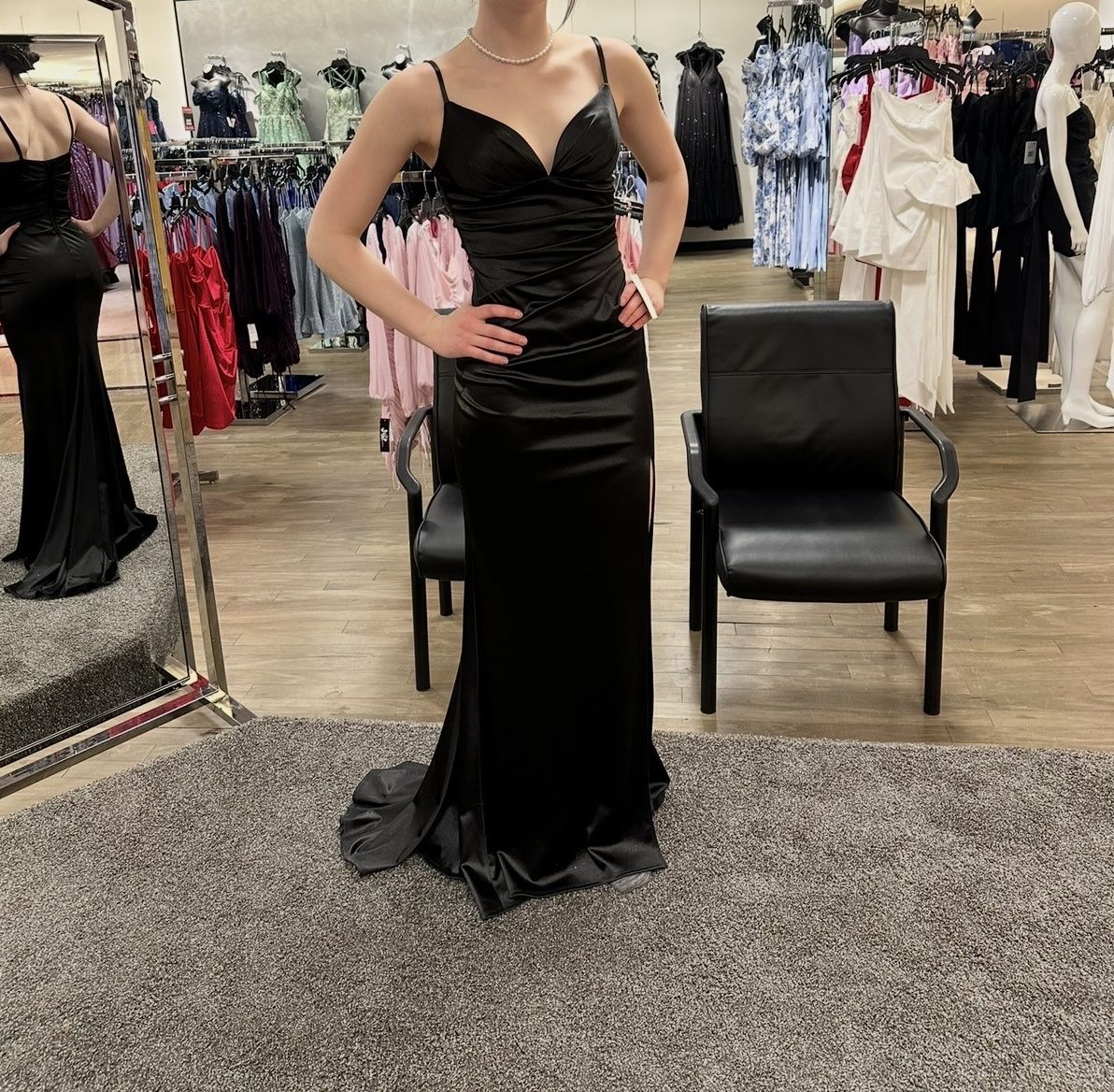 Black Satin Formal Prom Dress Gown with Ruched Bodice and Slit