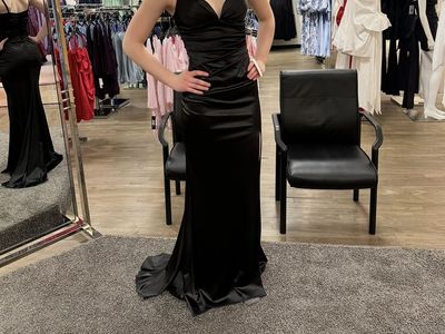 Black Satin Formal Prom Dress Gown with Ruched Bodice and Slit