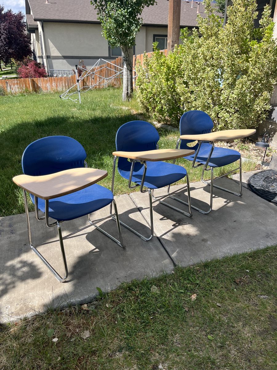 3 Virco Student Chair-Desk Combos (Navy/Wood Grain)