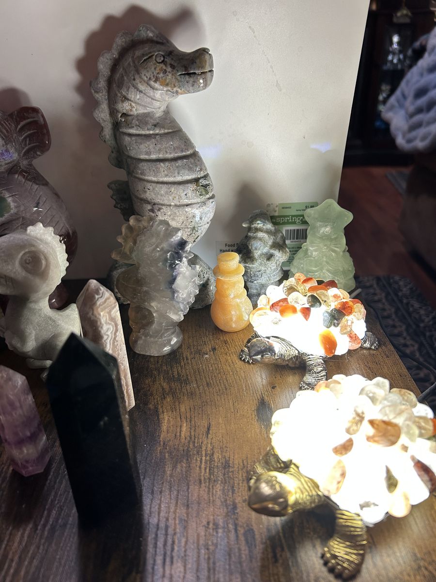 Assorted Crystal & Stone Carvings Lot - Animals, Towers, Trees & Lamps