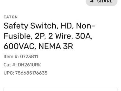 2 Pole 600V 30A NEMA 3R Disconnect Switch