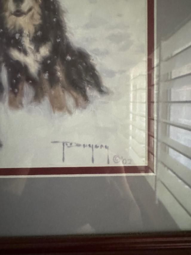 kids sledding with a dog in a snowy farm setting reproduction print