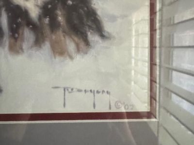 kids sledding with a dog in a snowy farm setting reproduction print