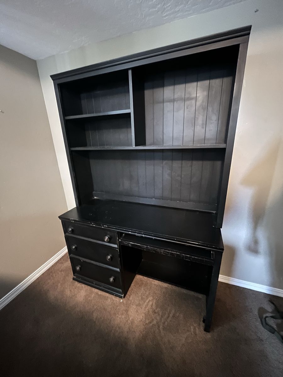 Black Wooden Computer Desk with Hutch and Storage Drawers