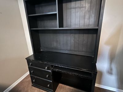 Black Wooden Computer Desk with Hutch and Storage Drawers