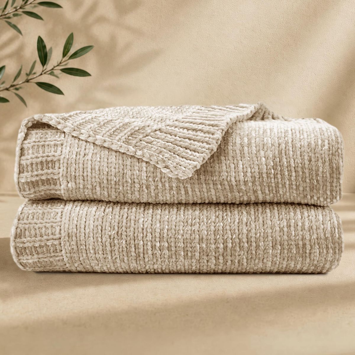 Chunky Chenille Knit Throw Blanket - Beige Neutral Soft 
