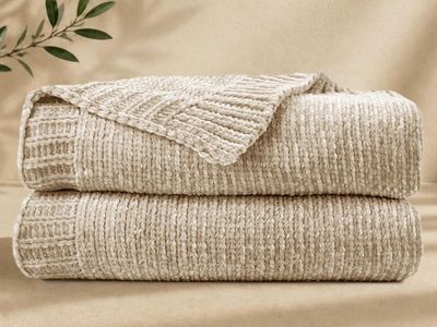 Chunky Chenille Knit Throw Blanket - Beige Neutral Soft