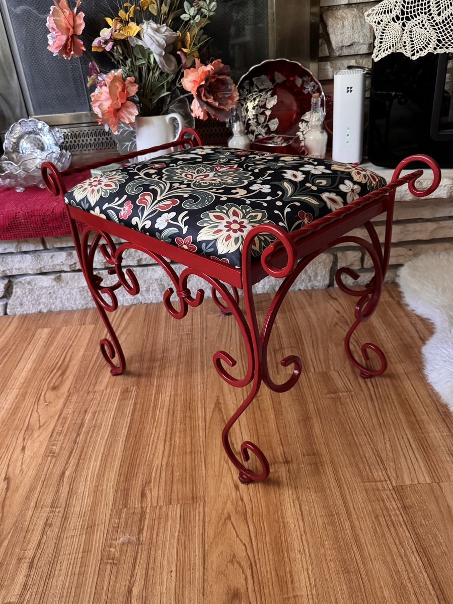 Red Wrought Iron Vanity Bench Stool with Floral Upholstered Seat