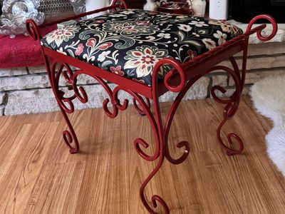 Red Wrought Iron Vanity Bench Stool with Floral Upholstered Seat