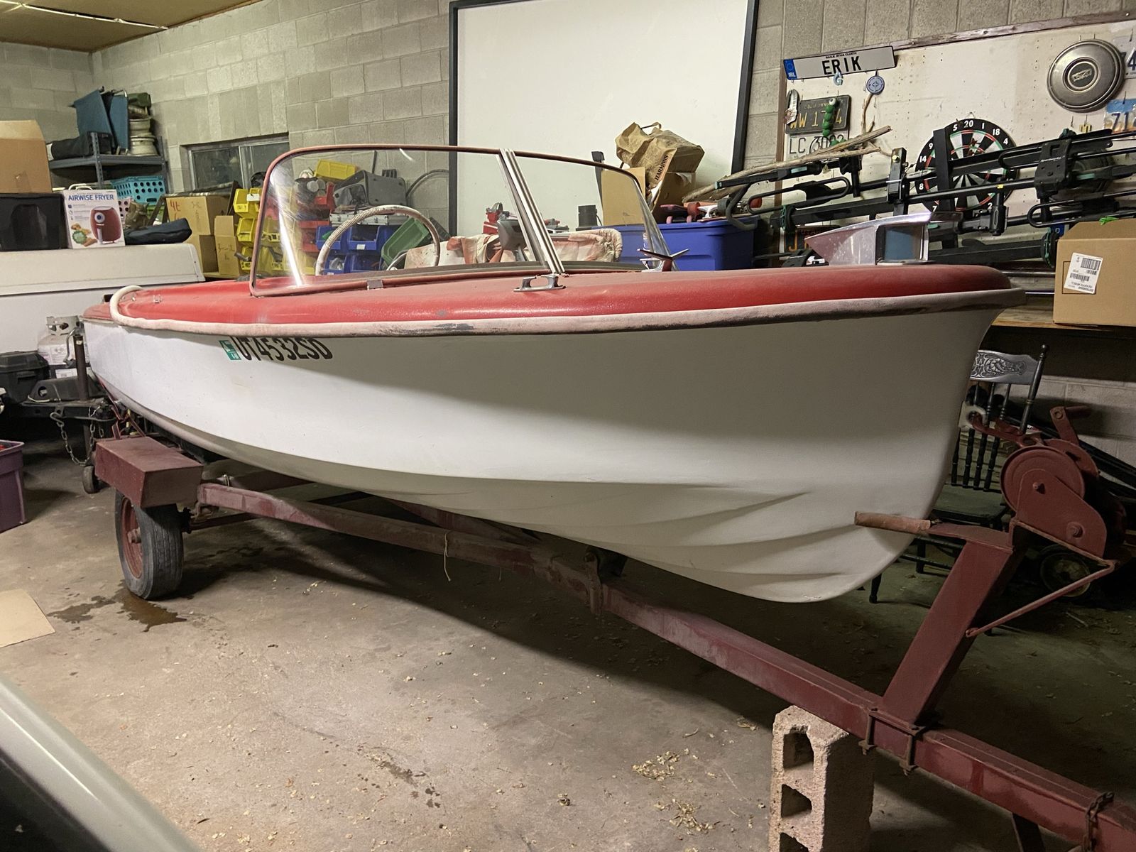 Vintage Red & White Runabout Motorboat with Trailer