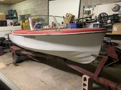 Vintage Red & White Runabout Motorboat with Trailer