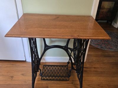 Vintage Singer Sewing Machine Table with Cast Iron Treadle Base and Wood Top