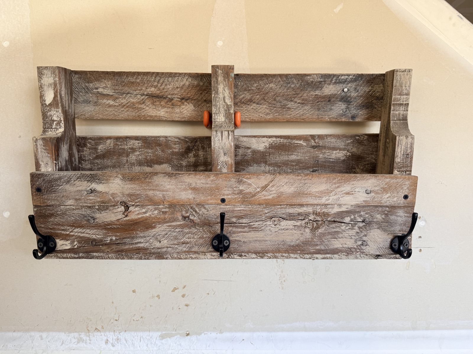 Rustic Farmhouse Wood Wall Mounted Organizer with Hooks - Distressed Finish
