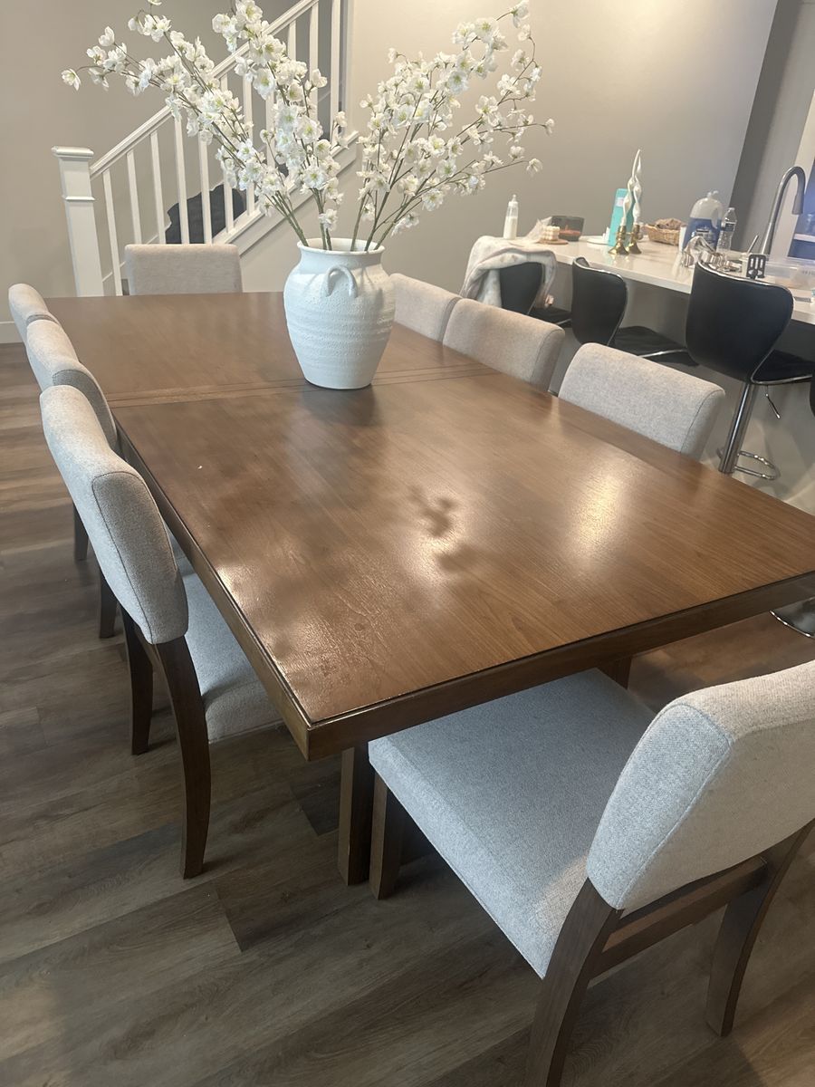Dining Table and 8 Upholstered Chairs - Modern Wood Set, Excellent Condition