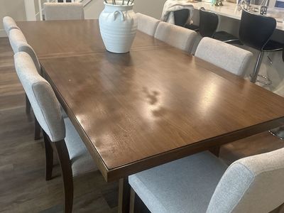 Dining Table and 8 Upholstered Chairs - Modern Wood Set, Excellent Condition